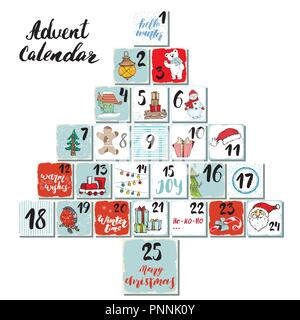 Weihnachten Adventskalender. Hand gezeichneten Elemente und Zahlen. Winter Urlaub Kalender Karten Set Design, Vektor, Abbildung. Stock Vektor