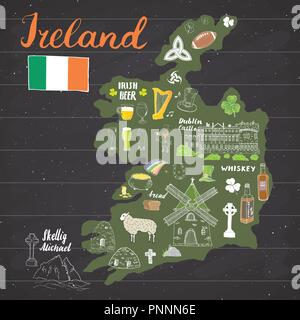 Irland Skizze Doodles. Hand gezeichnet Irischen Elemente Set mit Flagge und Karte von Irland, Keltisches Kreuz, Schloss, Shamrock, keltische Harfe, Mühle und Schafe, Schneebesen Stock Vektor