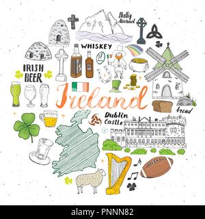 Irland Skizze Doodles. Hand gezeichnet Irischen Elemente Set mit Flagge und Karte von Irland, Keltisches Kreuz, Schloss, Shamrock, keltische Harfe, Mühle und Schafe, Schneebesen Stock Vektor