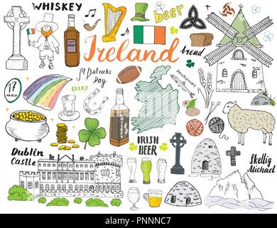 Irland Skizze Doodles. Hand gezeichnet Irischen Elemente Set mit Flagge und Karte von Irland, Keltisches Kreuz, Schloss, Shamrock, keltische Harfe, Mühle und Schafe, Schneebesen Stock Vektor