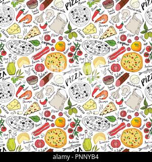 Pizza nahtlose Muster Hand gezeichnete Skizze. Pizza Doodles essen Hintergrund mit Mehl und anderen Zutaten, Backofen und Küchengeräte. Vektor illustra Stock Vektor