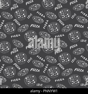 Pizza nahtlose Muster Hand gezeichnete Skizze. Pizza Doodles und Worte pizza liebe Essen Hintergrund. Vector Illustration. Stock Vektor