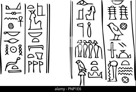 Antike Ägyptische Hieroglyphen mit Namen der Göttin der Fruchtbarkeit Isis (links) und ihr Mann, der Gott der Unterwelt Osiris (rechts). Stock Vektor