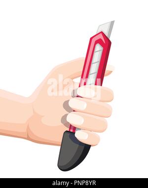 Hand, die feststehenden Messer. Roten Griff aus Kunststoff und Edelstahl. Flache Vector Illustration auf weißem Hintergrund. Stock Vektor
