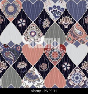 Nahtlose floral patchwork Muster mit Herzen und mandalas Hintergrund. Vektor Stock Vektor
