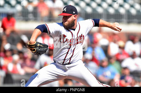 Atlanta, GA, USA. 15 Sep, 2018. Atlanta Braves Krug A.J. Minter liefert ein Pitch im neunten Inning eines MLB Spiel gegen die St. Louis Cardinals bei Sun Trust Park in Atlanta, GA. Atlanta gewann 7-3. Austin McAfee/CSM/Alamy leben Nachrichten Stockfoto