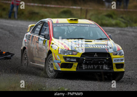 Omagh, Irland. Samstag, 22. September 2018. Alan Smyth und Mac Kierans (Mitsubishi Evo X) in Aktion während der Rallye Credit: Graham Service/Alamy leben Nachrichten Stockfoto