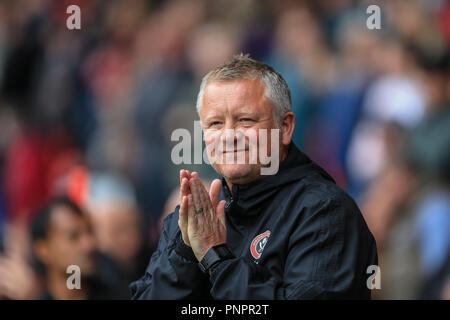 22. September 2018, Bramall Lane, Sheffield, England; Sky Bet Meisterschaft Sheffield United v Preston North End; Chris Wilder Manager von Sheffield United Credit: Mark Cosgrove/News Bilder Redaktion nur verwenden keine Verwendung mit nicht autorisierten Audio-, Video-, Daten-, Spielpläne, Verein/liga Logos oder "live" Dienstleistungen. On-line-in-Match auf 45 Bilder beschränkt, kein Video-Emulation. Keine Verwendung in Wetten, Spiele oder einzelne Verein/Liga/player Publikationen und alle englischen Fußball-Liga Bilder unterliegen dem DataCo Lizenz Stockfoto