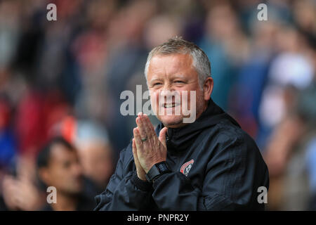 22. September 2018, Bramall Lane, Sheffield, England; Sky Bet Meisterschaft Sheffield United v Preston North End; Chris Wilder Manager von Sheffield United Credit: Mark Cosgrove/News Bilder Redaktion nur verwenden keine Verwendung mit nicht autorisierten Audio-, Video-, Daten-, Spielpläne, Verein/liga Logos oder "live" Dienstleistungen. On-line-in-Match auf 45 Bilder beschränkt, kein Video-Emulation. Keine Verwendung in Wetten, Spiele oder einzelne Verein/Liga/player Publikationen und alle englischen Fußball-Liga Bilder unterliegen dem DataCo Lizenz Stockfoto