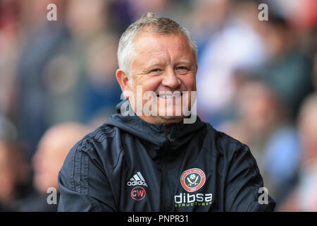 22. September 2018, Bramall Lane, Sheffield, England; Sky Bet Meisterschaft Sheffield United v Preston North End; Chris Wilder Manager von Sheffield United Credit: Mark Cosgrove/News Bilder Redaktion nur verwenden keine Verwendung mit nicht autorisierten Audio-, Video-, Daten-, Spielpläne, Verein/liga Logos oder "live" Dienstleistungen. On-line-in-Match auf 45 Bilder beschränkt, kein Video-Emulation. Keine Verwendung in Wetten, Spiele oder einzelne Verein/Liga/player Publikationen und alle englischen Fußball-Liga Bilder unterliegen dem DataCo Lizenz Stockfoto