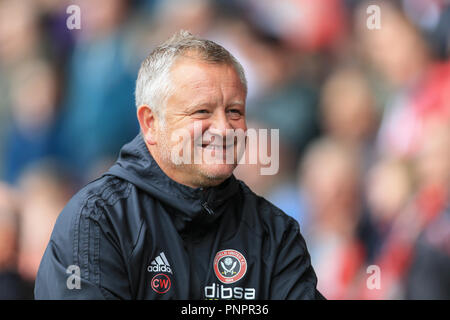 22. September 2018, Bramall Lane, Sheffield, England; Sky Bet Meisterschaft Sheffield United v Preston North End; Chris Wilder Manager von Sheffield United Credit: Mark Cosgrove/News Bilder Redaktion nur verwenden keine Verwendung mit nicht autorisierten Audio-, Video-, Daten-, Spielpläne, Verein/liga Logos oder "live" Dienstleistungen. On-line-in-Match auf 45 Bilder beschränkt, kein Video-Emulation. Keine Verwendung in Wetten, Spiele oder einzelne Verein/Liga/player Publikationen und alle englischen Fußball-Liga Bilder unterliegen dem DataCo Lizenz Stockfoto