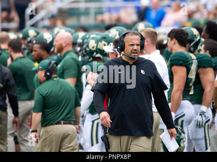 Waco, Texas, USA. 22 Sep, 2018. Baylor Bears Head Coach Matt Rhule während der ersten Hälfte des NCAA Football Spiel zwischen den Kansas Jayhawks und das Baylor Bären an McLane Stadion in Waco, Texas. Matthew Lynch/CSM/Alamy Live News Credit: Cal Sport Media/Alamy leben Nachrichten Stockfoto