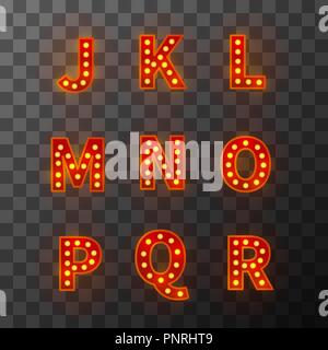 Glühlampe font, helle Alphabet im Kabarett Stil, J-R Buchstaben auf Transparent Stock Vektor