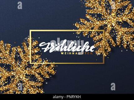 Weihnachten Hintergrund mit glänzenden gold Schneeflocken. Deutsche text Frohliche Weihnachten. Schriftzug Frohe Weihnachten Karte Vector Illustration. Stock Vektor
