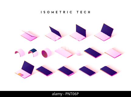 Isometrische Technik auf weißem Hintergrund. Flachbild Computer, Tablet, Telefon. Moderne Armband und tragbare Batterie aufladen. Stock Vektor