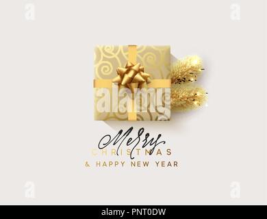 Vector Illustration letttering Frohe Weihnachten, Geschenkbox geschlossen verpackt Band mit Schleife. Weihnachten Grusskarten, Banner, Poster. Stock Vektor