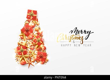 Weihnachten Grußkarte. Kreative Zusammensetzung in Form Xmas Tree, mit eleganten Sterne und Kugeln Kugeln, Schachteln Geschenk. Stock Vektor