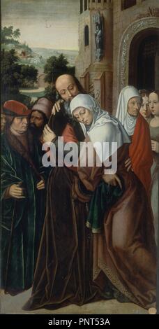 EL ABRAZO DE SAN JOAQUIN Y SANTA ANA ANTE LA PUERTA DORADA - SIGLO XVI-OLEO/TABLA - 115 x 60 cm - NP 1935 - ESCUELA FLAMENCA. Autor: BENSON, Ambrosius. Lage: Museo del Prado - PINTURA. MADRID. Spanien. Stockfoto