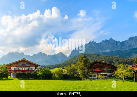 Traditionelle Häuser auf der grünen Wiese in Going am Wilden Kaiser, Kitzbüheler Alpen, Österreich Stockfoto