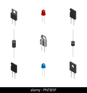 Einstellen der verschiedenen aktiven und passiven elektronischen Komponenten auf weißem Hintergrund. Flache isometrische 3D-Stil, Vector Illustration. Stock Vektor