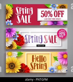 Frühling Verkauf vektor Banner mit bunten Hintergrund vorlagen, Rahmen und verschiedenen daisy flowers für Frühling saison Rabatt Marketing eingestellt Stock Vektor