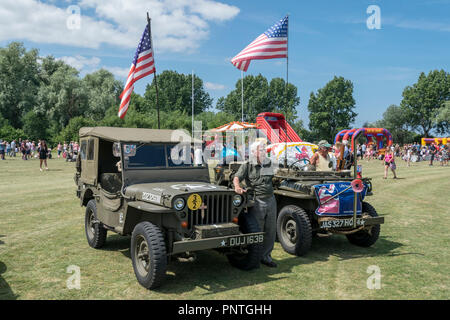 Abergele Karneval und Schicksal 14. Juli 2018 an der Küste von Nordwales Willys Jeep Aussteller Stockfoto