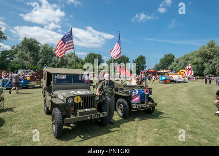 Abergele Karneval und Schicksal 14. Juli 2018 an der Küste von Nordwales Willys Jeep Aussteller Stockfoto