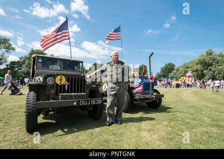 Abergele Karneval und Schicksal 14. Juli 2018 an der Küste von Nordwales Willys Jeep Aussteller Stockfoto