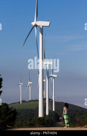 Pico Gallo, Tineo, Asturien. Frau Suchen bei Wind Mill Park im Sommer. Stockfoto