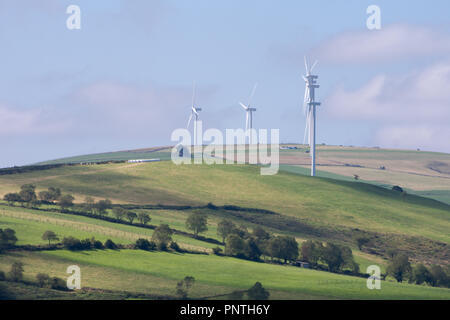 Pico Gallo, Tineo, Asturien, Spanien. Allgemeine Ansicht einer Windmühle Park auf grünen Hügeln und Bäumen. Stockfoto