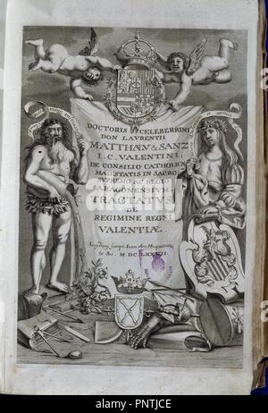 TRACTATUS DE REGIMINE REGNI VALENTIAE - TRATADOS DEL REGIME DEL REINO DE VALENCIA - Lyon, 1677. Autor: MATHEU SANZ LORENZO. Lage: SENADO - BIBLIOTECA - coleccion. MADRID. Spanien. Stockfoto