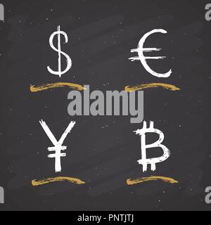 Dollar, Euro, Yen und Bitcoin zeichen Symbol Pinsel Schriftzug, Grunge kalligrafischen Symbole, Vector Illustration auf schiefertafel Hintergrund. Stock Vektor