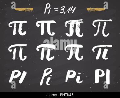 Pi-Symbole Hand gezeichneten Symbole gesetzt, Grunge kalligrafischen mathematisches Zeichen, Vektor, Abbildung auf der Schiefertafel Hintergrund. Stock Vektor
