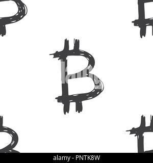 Bitcoin zeichen Symbol Pinsel Schriftzug nahtlose Muster, Grunge kalligrafischen Symbole Hintergrund, Vector Illustration. Stock Vektor