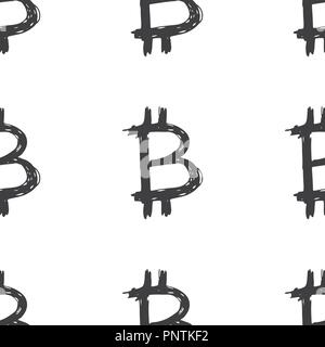 Bitcoin zeichen Symbol Pinsel Schriftzug nahtlose Muster, Grunge kalligrafischen Symbole Hintergrund, Vector Illustration. Stock Vektor