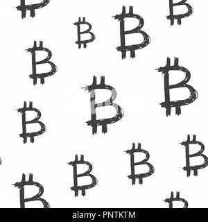 Bitcoin zeichen Symbol Pinsel Schriftzug nahtlose Muster, Grunge kalligrafischen Symbole Hintergrund, Vector Illustration. Stock Vektor