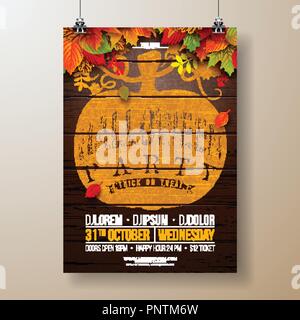 Halloween Party flyer Abbildung mit Herbstlaub und Typografie Schrift in Kürbis auf vintage Holz Hintergrund. Vektor Urlaub design Vorlage mit für Party Einladung, Grußkarte, Banner oder Feier Plakat. Stock Vektor