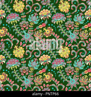 Nahtlose floral background. bunten Blumen und Blätter auf grünem Hintergrund. Vector Illustration. Stock Vektor