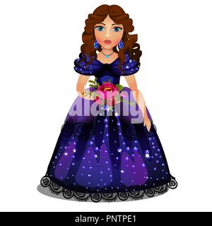 Schöne junge brünette Mädchen im blauen Kleid mit einem Bouquet von roten Blumen auf weißem Hintergrund. Vektor cartoon Close-up Abbildung. Stock Vektor