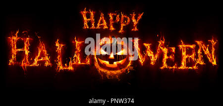 Happy Halloween - Kürbis In geflammt Text Banner Stockfoto