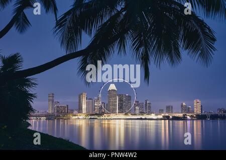 Lichter von modernen asiatischen Stadt. Palm Tree gegen Singapur Skyline in der Dämmerung. Stockfoto