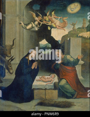 EL NACIMIENTO - 1546 - OLEO/TABLA. Autor: CORREA DE VIVAR, Juan. Lage: IGLESIA DE SAN JUAN BAUTISTA. HERRERA del Duque. Badajoz. Spanien. Stockfoto