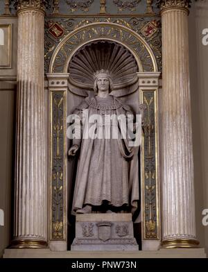 ESTATUA DE MARMOL BLANCO DEL REY FERNANDO EL CATOLICO SITUADA EN EL SALON DE SESIONES - 1860/62. Autor: Andres Rodriguez. Lage: CONGRESO DE LOS DIPUTADOS - ESCULTURA. MADRID. Spanien. Stockfoto