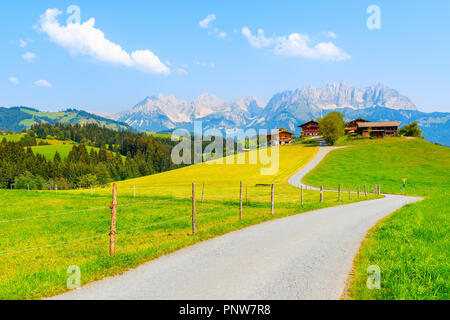 Straße entlang der grünen Wiese in Gieringer Weiher Berg führt zu typischen alpinen Häuser am hügel, Kitzbüheler Alpen, Österreich Stockfoto