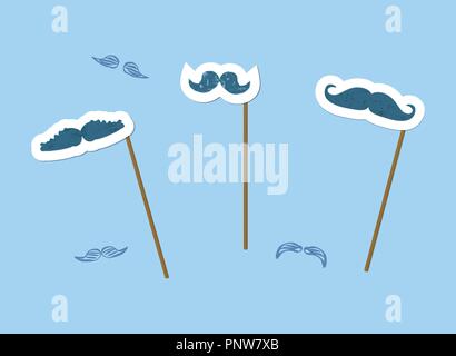 Fake Mustaches eingestellt. Sammlung von Gesichtsmaske von texturierten Schnurrbärte auf die Sticks. Vector Illustration. Stock Vektor