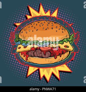 Hot Burger auf Feuer, Fast Food Restaurant. Pop Art retro Vektor illustration Vintage kitsch Stock Vektor