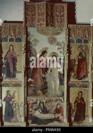 BAUTISMO CON EL RETABLO DE CRISTO DE LA TABLA CENTRAL Y LOS CUATRO EVANGELISTAS LATERALES - SIGLO XVI - 217 x 158 - RENACIMIENTO ESPAÑOL. Autor: BORGOÑA, JUAN DE. Lage: MUSEO HOSPITAL DE SANTA CRUZ. Toledo. Spanien. Stockfoto