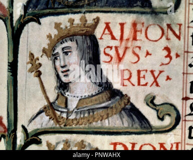 GENEALOGIA DE LOS REYES DE ESPAÑA - ALFONSO III REY DE PORTUGAL DESDE 1245 HASTA 1279 - COPIADO POR DIONISIO EN EL SIGLO XVI. Thema: CARTAGENA ALONSO DE. Lage: Biblioteca Nacional - coleccion. MADRID. Spanien. Stockfoto