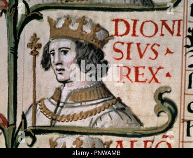 GENEALOGIA DE LOS REYES DE ESPAÑA - DIONISI (O DINIZ) DE PORTUGAL (1261/1325) - COPIA DE DIONISIO EN EL SIGLO XVI. Thema: CARTAGENA ALONSO DE. Lage: Biblioteca Nacional - coleccion. MADRID. Spanien. Stockfoto