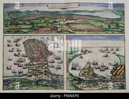 CIVITATES ORBIS TERRARUM-TUNEZ, AFRIKA Y PENON DE VELEZ - GRABADO - SIGLO XVI. Autor: Georg 1541-1622 Braun/Hogenberg FRANS. Lage: PALACIO REAL - BIBLIOTECA. MADRID. Spanien. Stockfoto